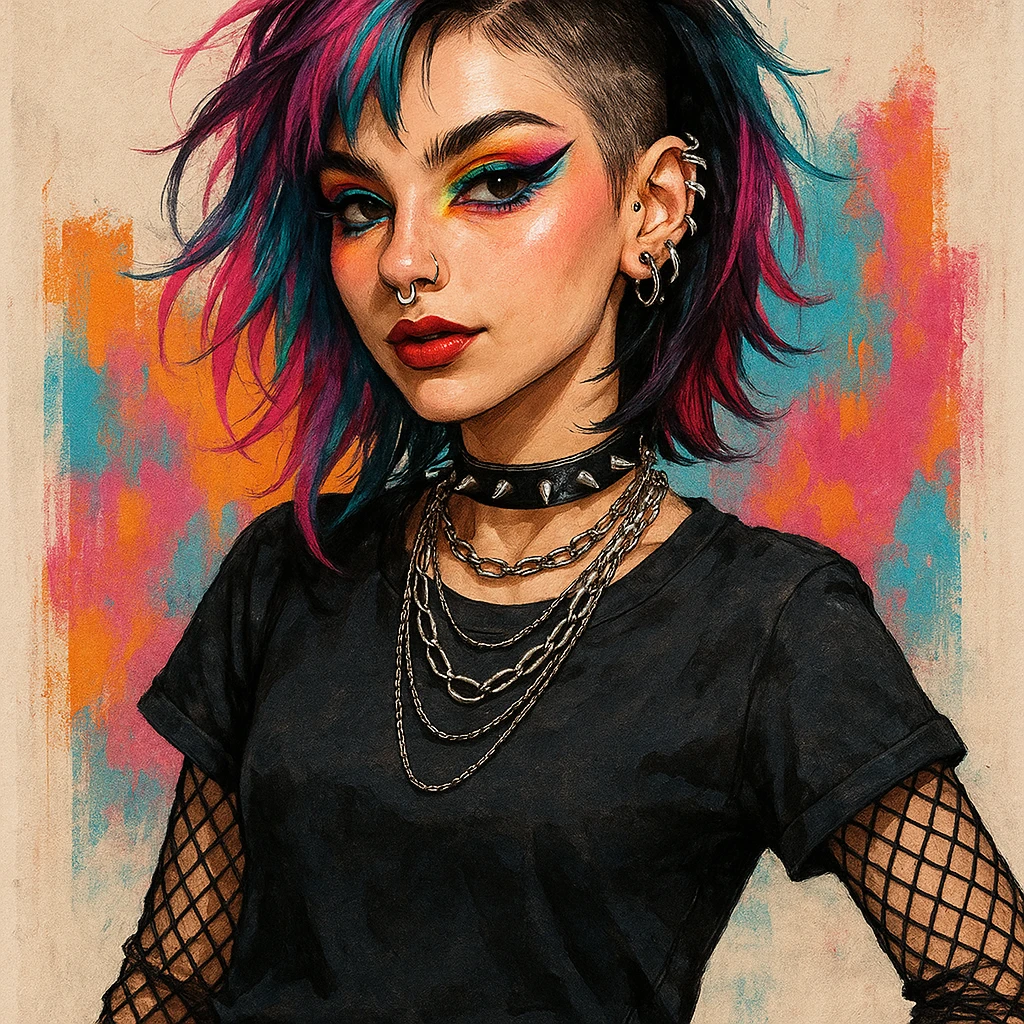 alt style girl, modern alternative style, bright appearance, unusual accessories, expressive makeup emoji