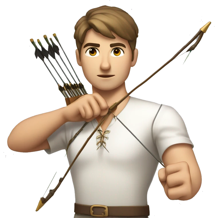 a male archer aiming with a bow facing  his target, eyes closed, wearing a white shirt, very short brown hair, bright skin, only show upper part of the body from waist up emoji