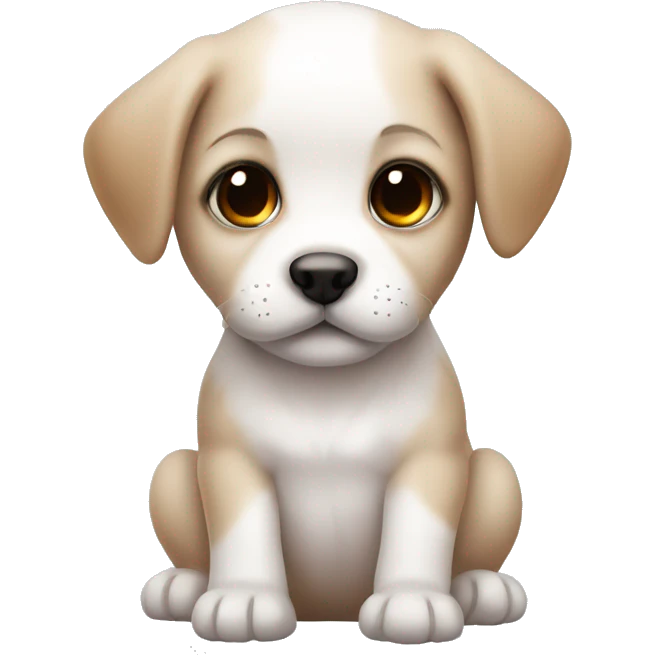 white baby puppy with brown eye patch with blush emoji