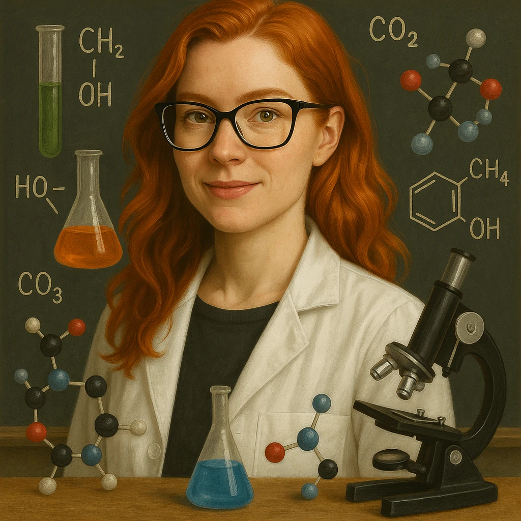 Add chemical accessories such as test tubes, flasks, a microscope, and molecules around the red-haired chemistry professor in a semi-realistic style. emoji