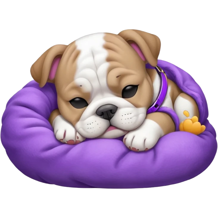 grey white bulldog puppy sleeping with a purple collar on emoji