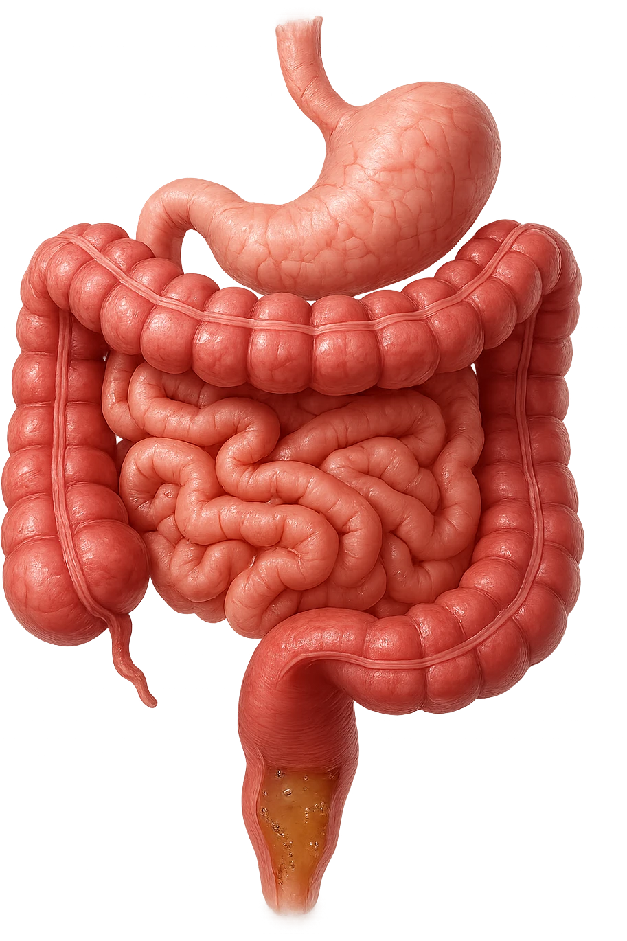 intestino anatomico umano affetto da gastroenterite, diarrea liquida nel colon ben visibile, iperrealistico 4k emoji