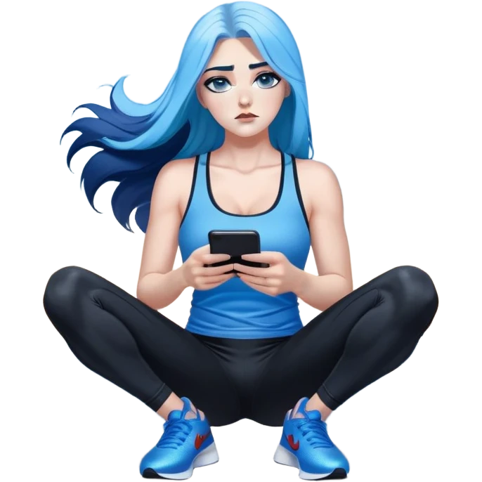 Shameful disappointed crying-very very very very big chest-texting on a samsung cell phone-very long straight flowing black to sky blue hair ombre-blue eyes-black eyeliner-long eyelashes-plastic sparkling sky blue very low cut tank top with sparkling superman logo-black leggings-nike sneakers emoji