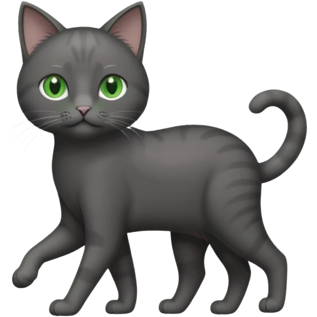 full body solid dark grey cat with green eyes, white paws and white whiskers walking emoji