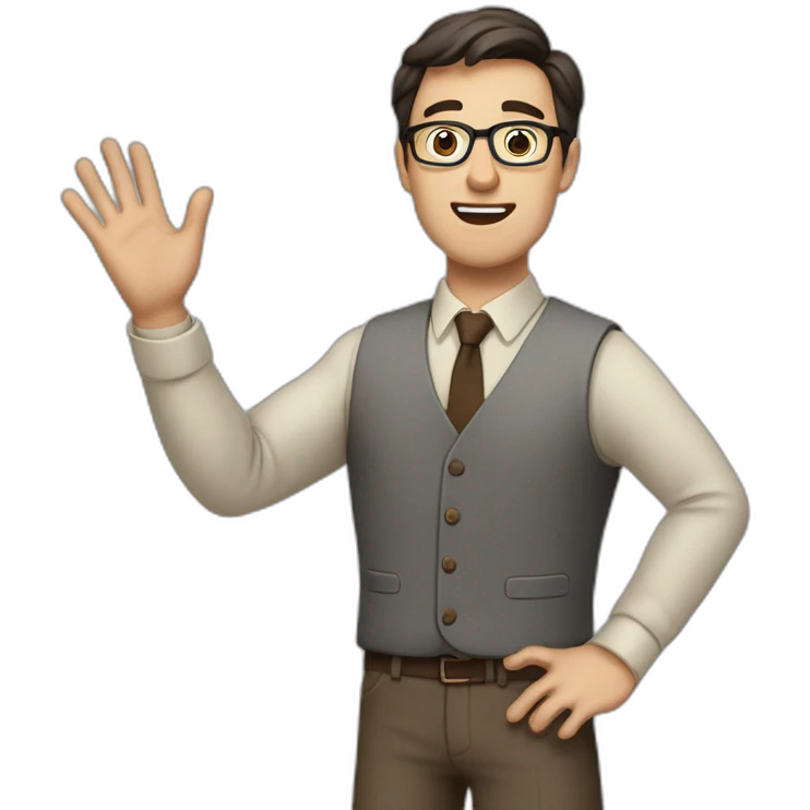 To belt Actively gesturing with hands Pale skinned fit man teacher with dark brown hair in gray jacket, beige office shirt, brown tie, brown pants and vintage glasses. emoji