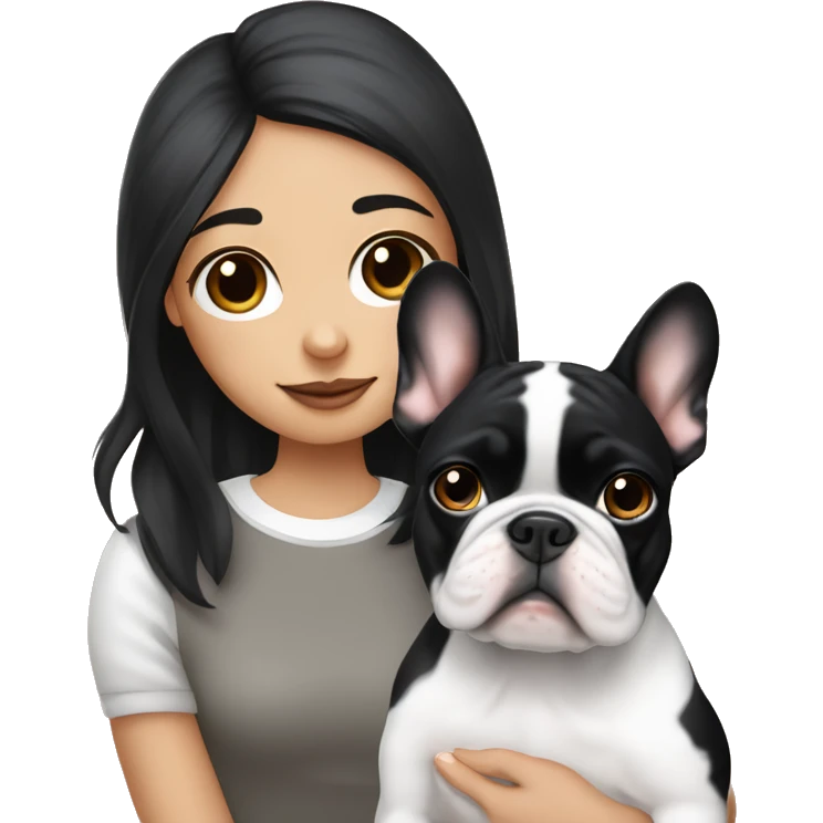 A black-haired girl with white strands near her face holds a French bulldog in her hands, whose muzzle is black and has a white stripe in the middle emoji