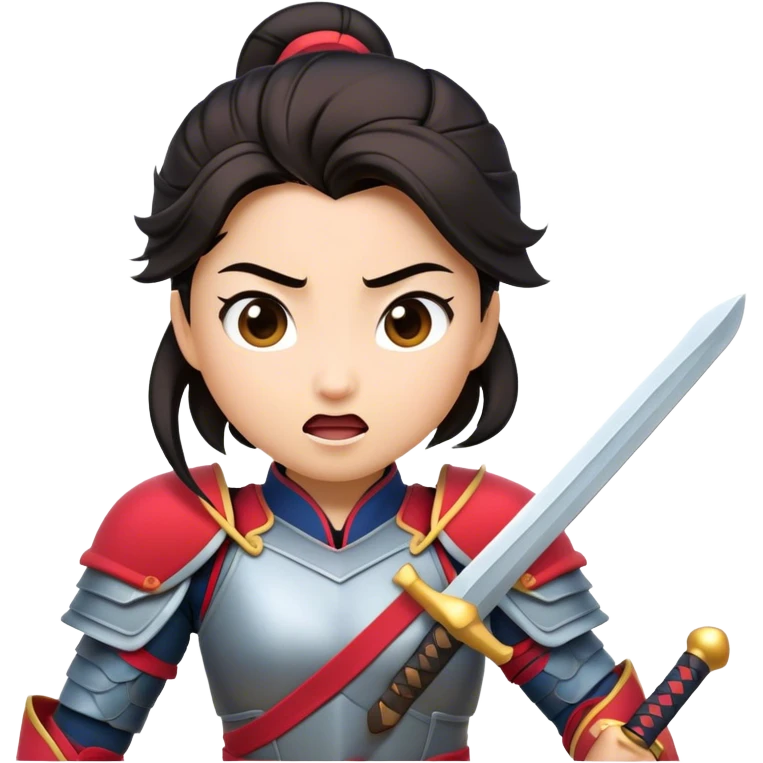 Cinematic Funny Mulan Portrait Emoji, Wearing her training armor too big, looking surprised as a sword nearly topples her over, a mix of warrior determination and hilarious inexperience, a comical yet endearing moment in her transformation! emoji