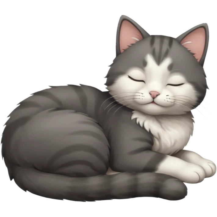 dark grey and white small cat with closed eyes, leaning his head on his paw while leaning on his elbow lying down emoji