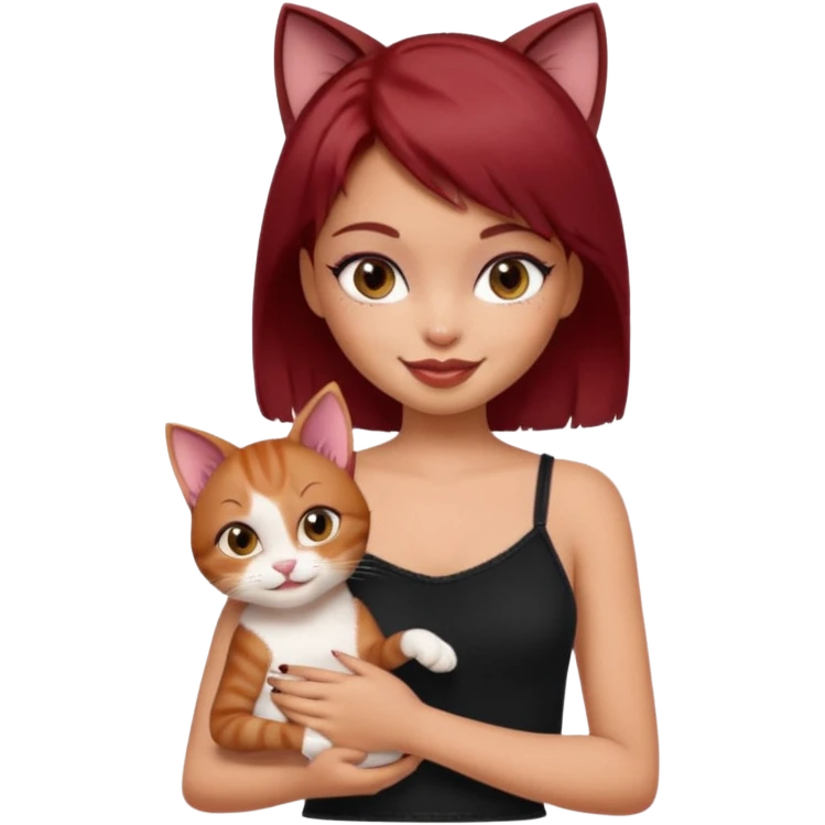 generate a pretty fair bratz girl with short dark red hair holding a cat smiling. Wearing a black cami emoji