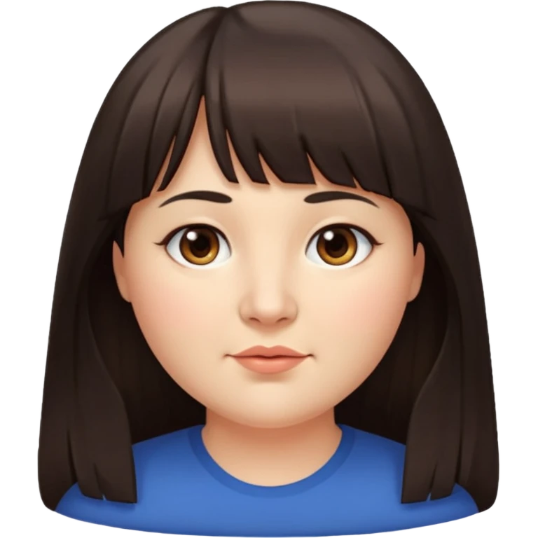 40 yr old woman, long hair down back, very small brown eyes, long hair, straight dark brown hair, bangs, chubby, long face emoji