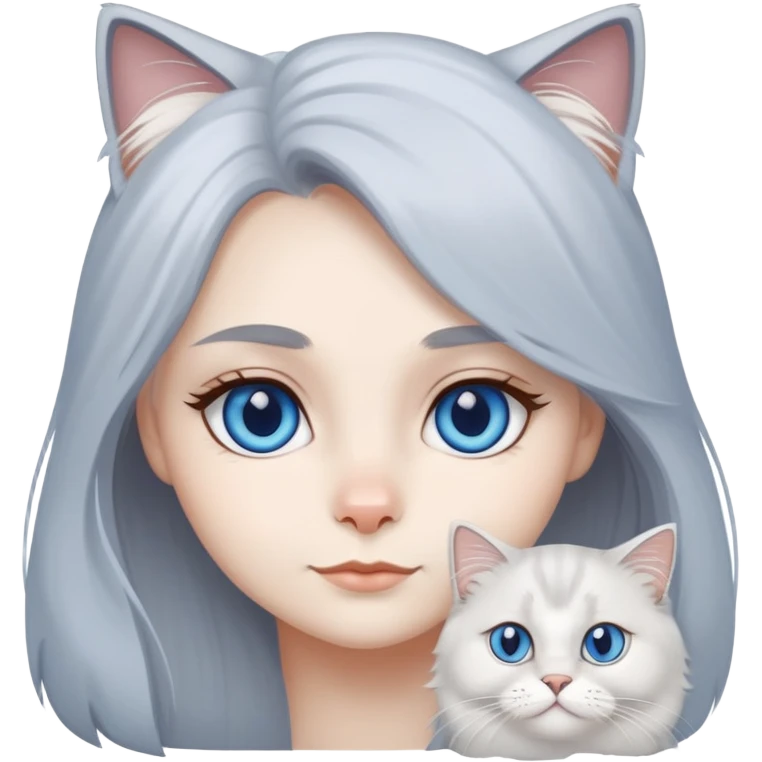 gray hair girl with white blue eye British Longhair cat emoji