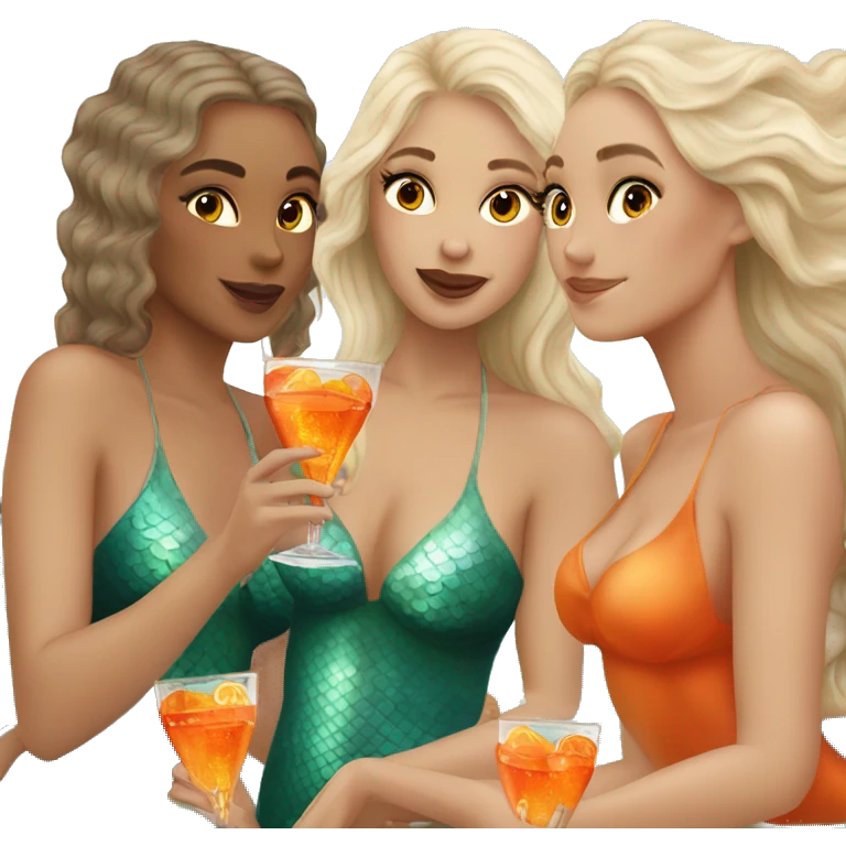 Three beautiful mermaids (light skin) drinking aperol emoji