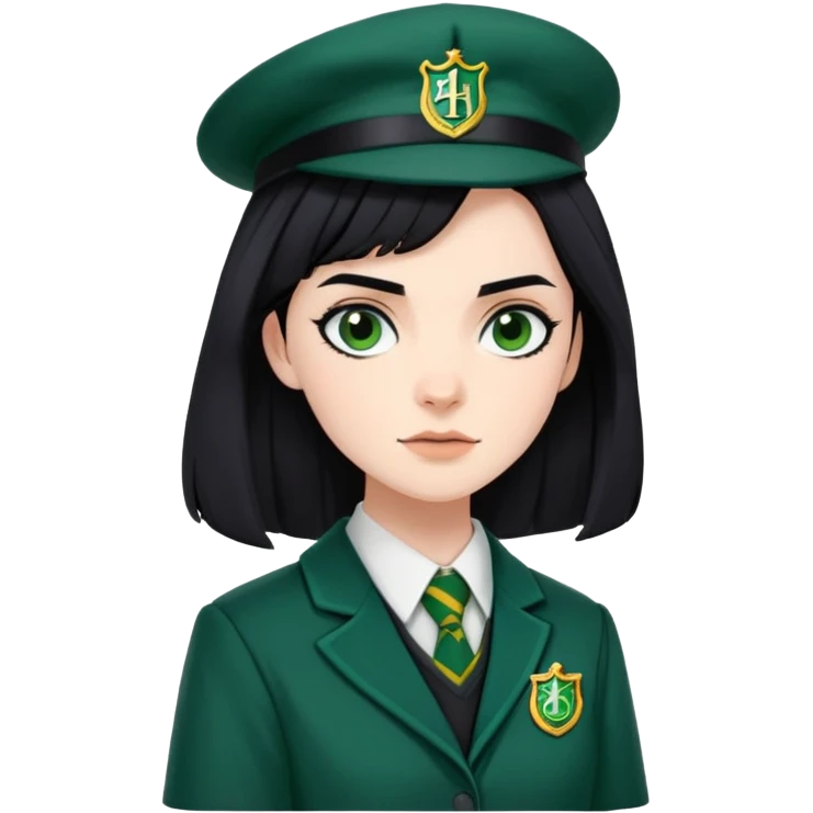 genevieve gaunt is Pansy Parkinson in harry potter, wear hogwarts slytherin uniform, black hair, not wearing hat emoji