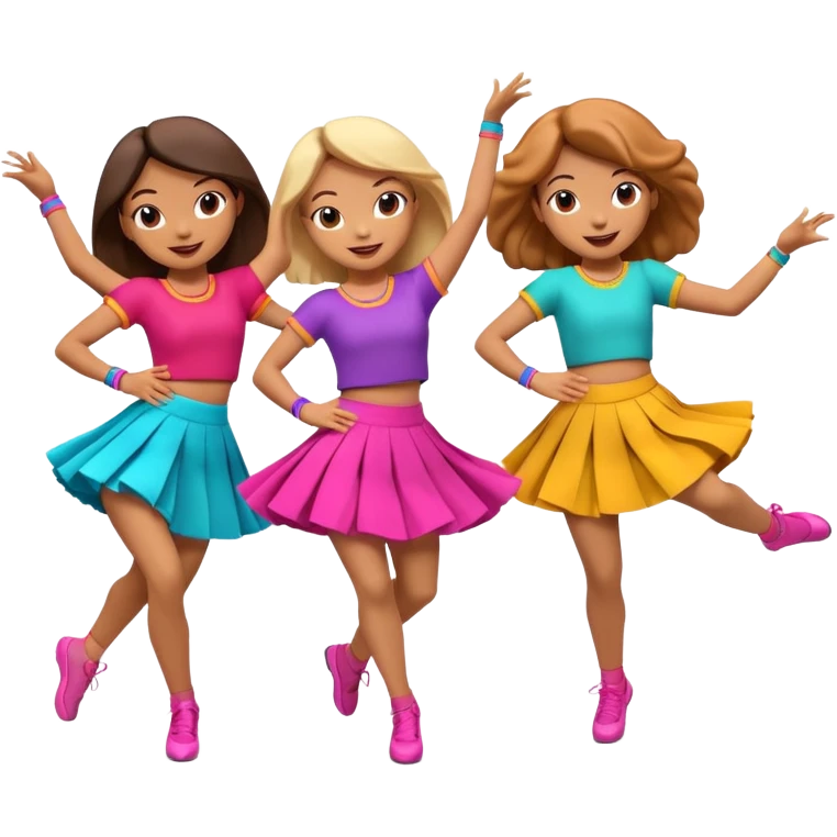 Three 3D cartoon dancers in colorful skirts kicking in rhythm, cheerful pose, bright studio background, Memoji-style. emoji