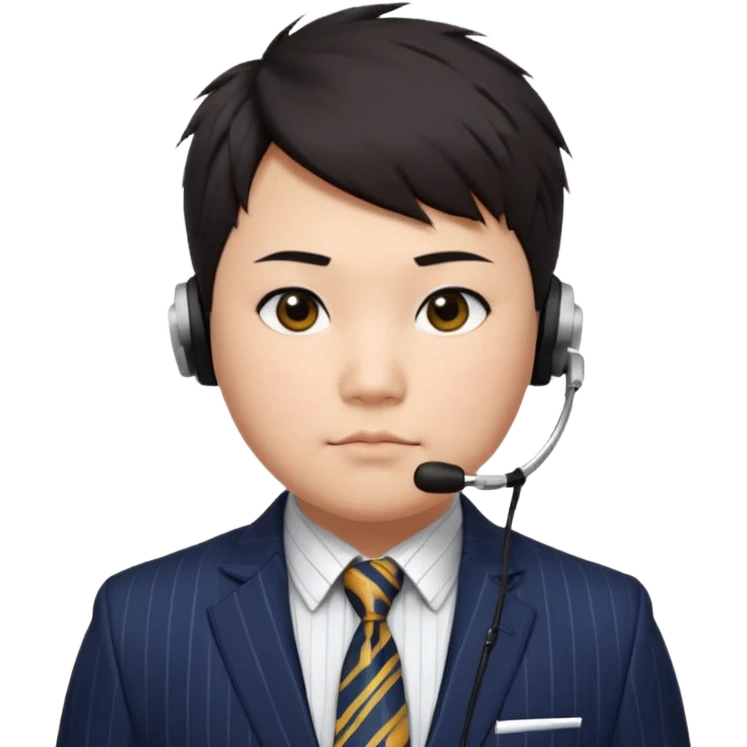 full kind of chubby face, very asian, short dark hair styled upward with a spiked swoop in front, a clean-shaven face, focused eyes, and a slim headset over one ear, wearing a dark pinstripe suit with a patterned dress shirt and a bright solid-colored tie visible from the chest up. emoji