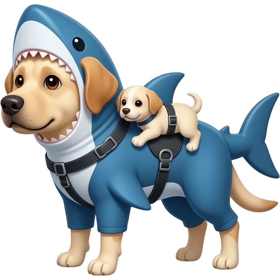 Hazme un emoji de un perro labrador,con un traje de tiburón azul,y haz que lleve en un arnés a otro perro bebe emoji