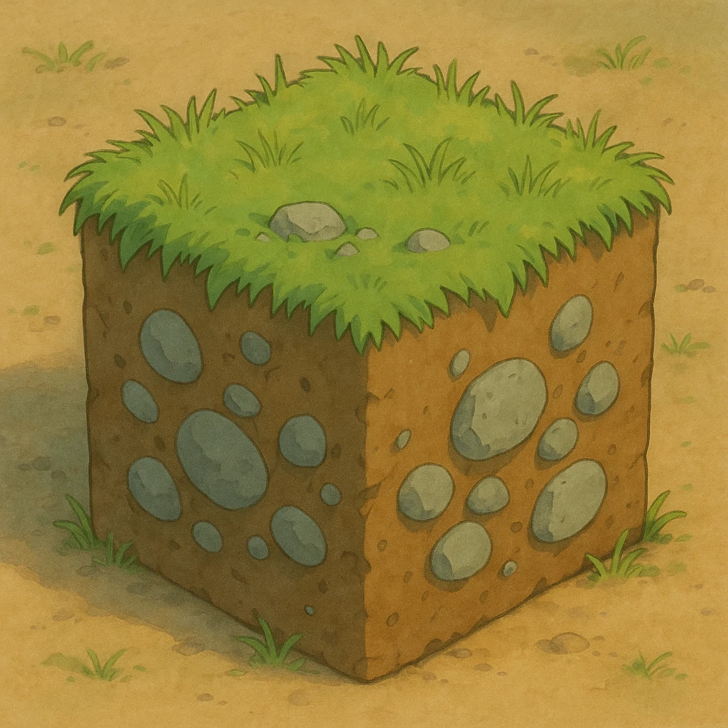 ghibli style brown cube with small gray stones inside and green grass on top emoji