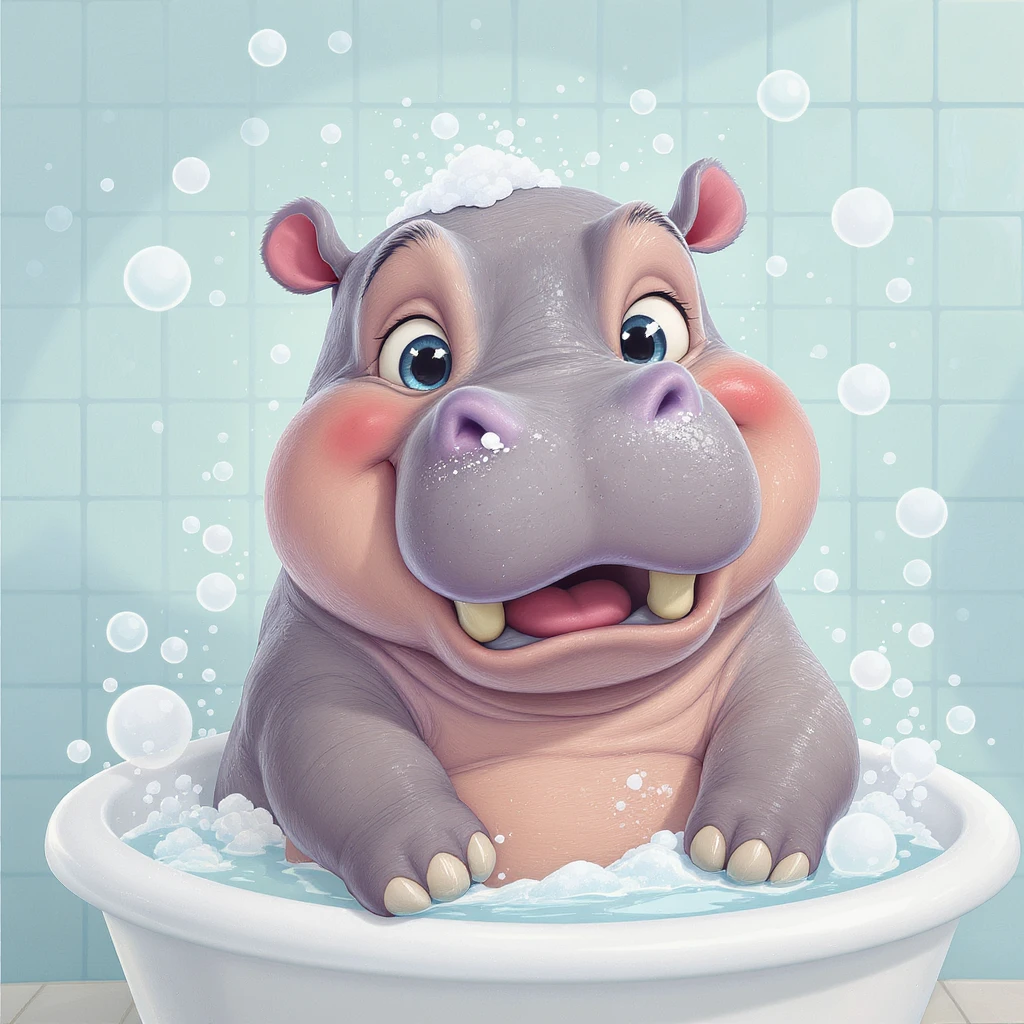 happy hippo with bubbles in bathtub emoji