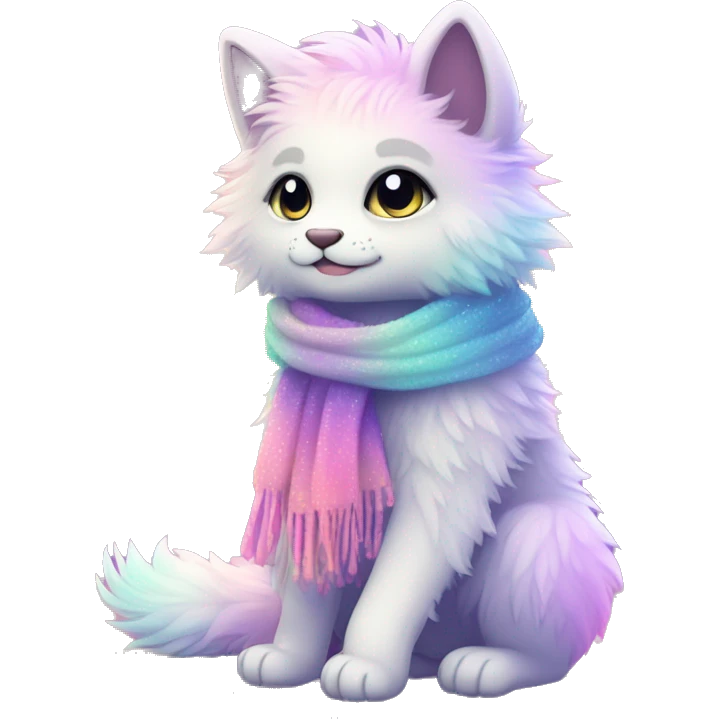 Edgy Kawaii cute gorgeous colorful sparkly bright light pastel gradient fantasy ethereal fluffy fursona animal creature with a cute scarf full body emoji