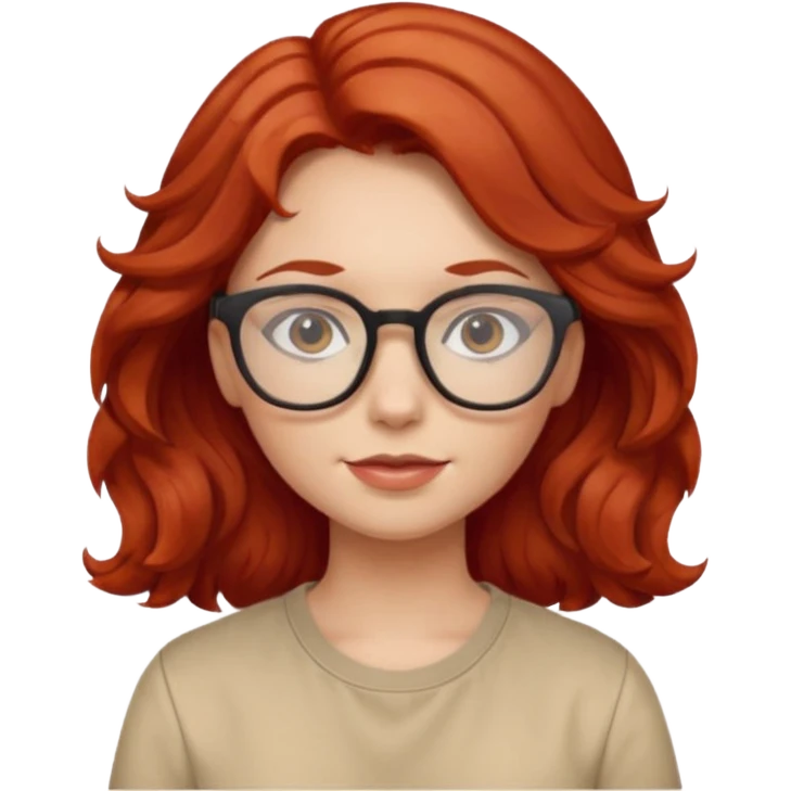 girl wear glasses, wavy red hair, beige shirt\ emoji