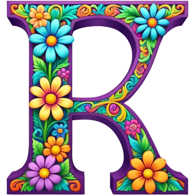 3D, gothic style psychedelic colored Letter I with hippie style flower border emoji