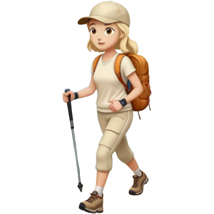 Full body woman hiking on mountain trail cream clothes baseball cap emoji
