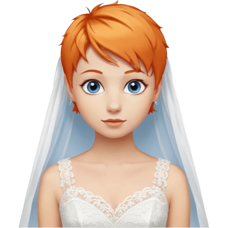 27 year old woman, orange hair, pixie cut, blue eyes, wedding dress emoji