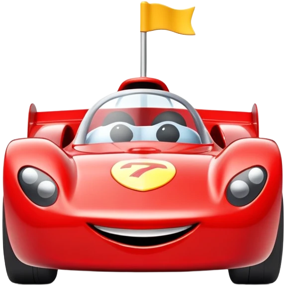 A red toy race car with a happy smiling face on the front emoji