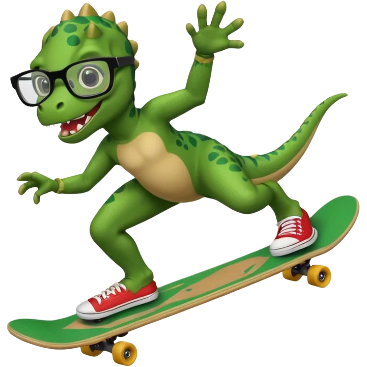 Dinosaur with glasses doing a kick flip on a skateboard emoji