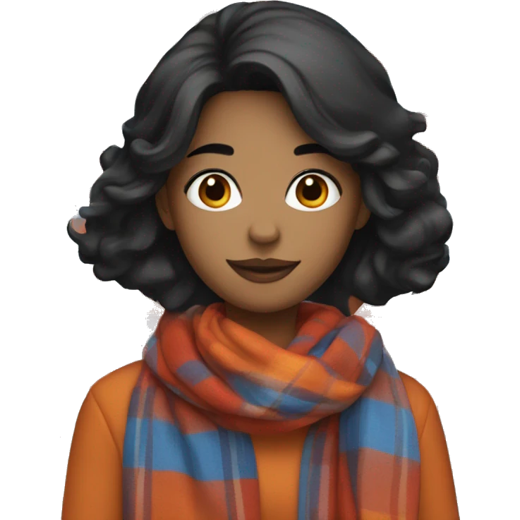 woman with black hair wearing an orange, blue, red, plaid scarf emoji