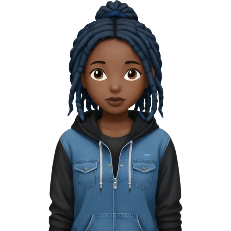 make a black girl with short pitch black locs wearing a denim hoodie with black sleeves emoji