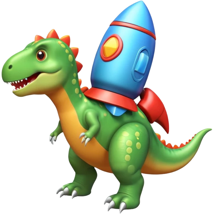 cute toy-like rocket-propelled dinosaur, rounded shapes, glossy texture, colorful rocket backpack, happy expression, 3D cartoon, mobile game icon style, clean background, no text, no watermark
 emoji