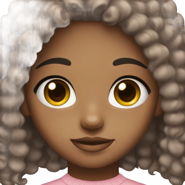 Girl with brown eyes, dark skin, and long black curly hair wearing light pink emoji