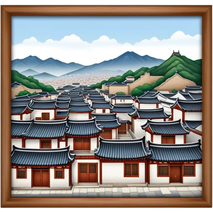 Cinematic Realistic Bukchon Hanok Village Landmark Emoji, depicted with traditional Korean houses set against a scenic backdrop rendered with detailed textures and warm, inviting lighting. emoji