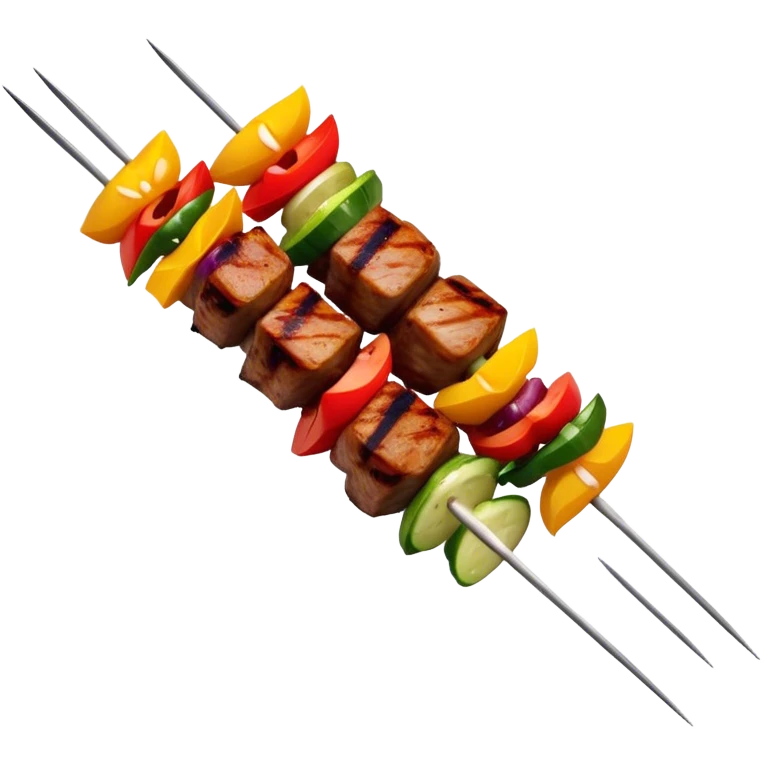 Cinematic Realistic Shish Kebab Dish Emoji, showcasing skewered, grilled meat with vibrant vegetables rendered with dynamic textures and warm, inviting lighting. emoji