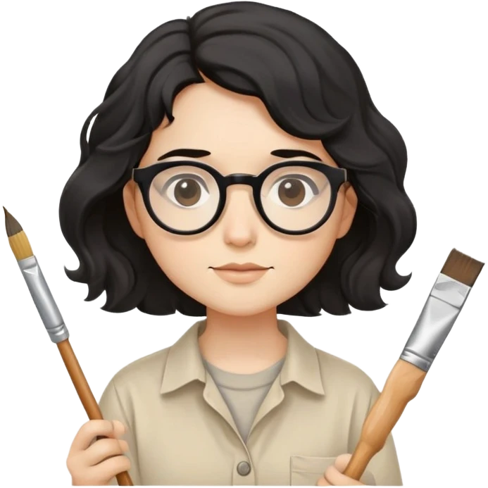Artist with wavy black hair, round glasses, beige painter's shirt, square paintbrush in hand emoji