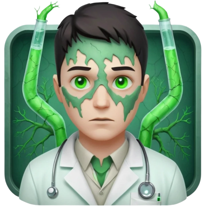 laboratory mutant portrait, head and shoulders only, glowing green veins, torn lab coat collar, mutated eyes, sci-fi experiment vibe, 3D cartoon, mobile game icon style, clean background, no text, no watermark

 emoji