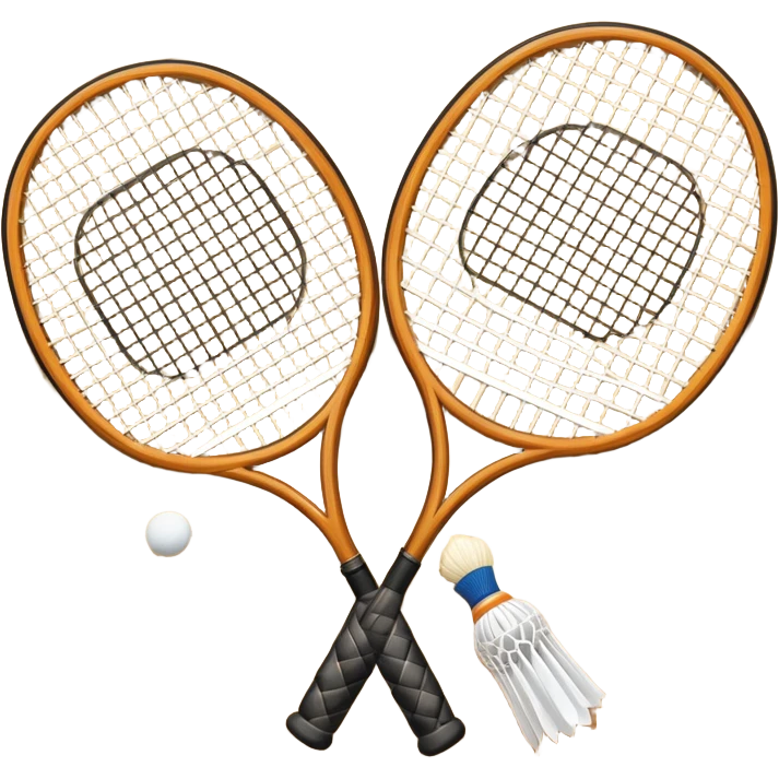Two crossed badminton rackets with a shuttlecock resting in between, set against the faint outline of a badminton court. The image highlights the tools of the sport, with a subtle emphasis on the court's net and boundaries, symbolizing competition and skill. emoji