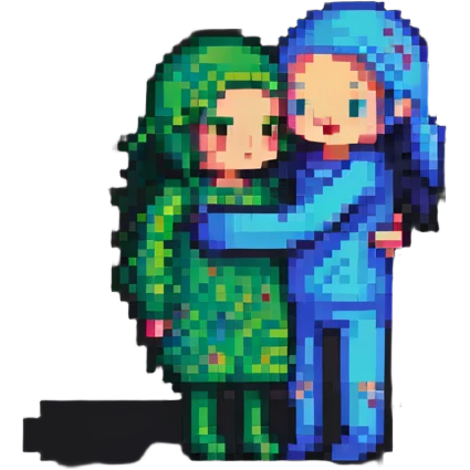 Pixelated characters hugging emoji