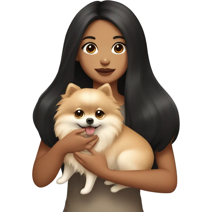 A girl with long black hair, light brown eyes, big lips, fair skin, holding a light pomeranian in her hands emoji