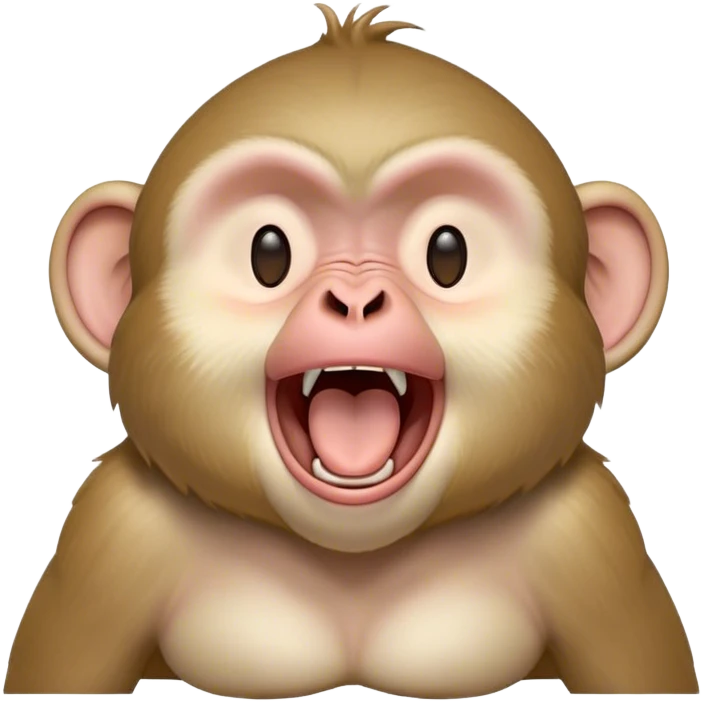 Cinematic Cute Yawning Macaque Portrait Emoji, Head tilted slightly with a dramatic, wide-open yawn, showcasing a gently textured face with half-closed, sleepy eyes and an open, relaxed mouth, Simplified yet irresistibly adorable features, highly detailed, glowing with a soft, cozy glow, high shine, relaxed yet expressive, stylized with a dash of whimsical charm, soft glowing outline, capturing the essence of a drowsy yet affectionate primate that appears ready to stretch out for a nap! emoji
