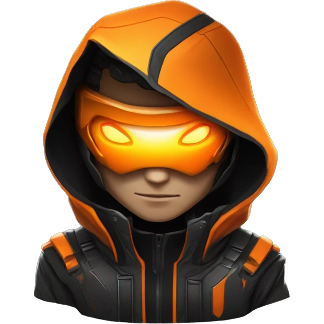  developer behind his laptop with this style : crysis Cyberpunk Valorant orange glowing bright orange character orange black hooded assassin themed character emoji