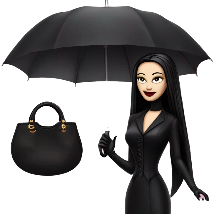 Fun Morticia Addams at a rainy funeral holding umbrella. funeral mask,gloves, small purse.Gal on the Go Barbie  emoji