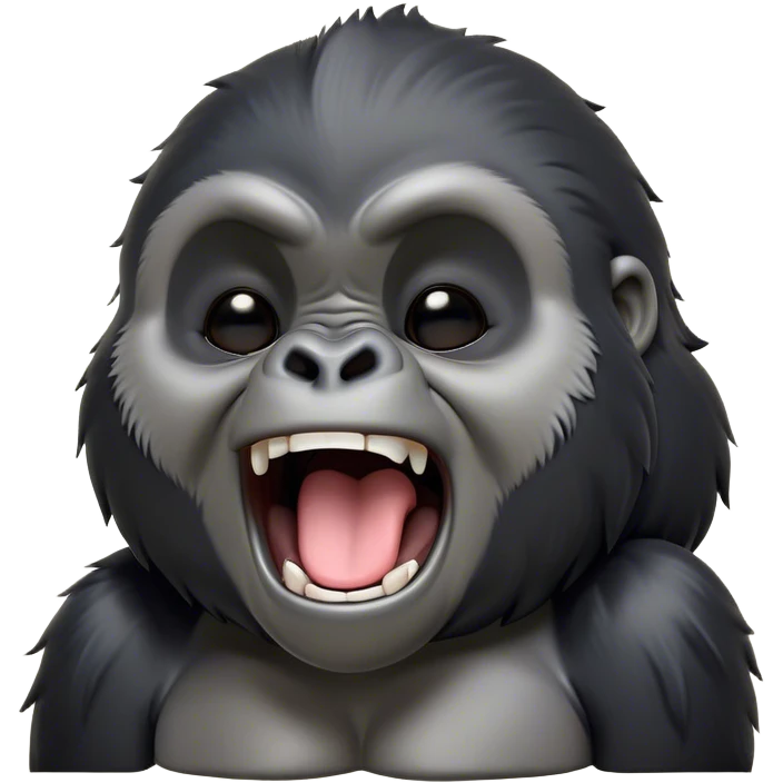 Cinematic Cute Yawning mountain Gorilla Portrait Emoji, Head tilted slightly with a dramatic, wide-open yawn, showcasing a formidable build with a black and greyy mane and drowsy, half-closed eyes, Simplified yet irresistibly adorable features, highly detailed, glowing with a soft, cozy jungle glow, high shine, relaxed yet expressive, stylized with a dash of whimsical primate charm, soft glowing outline, capturing the essence of a drowsy yet affectionate guardian that appears ready to stretch out for a nap! emoji