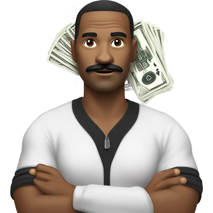 man with black moustache, a sly smirk, wearing track suit, with cash and playing cards in his hands emoji