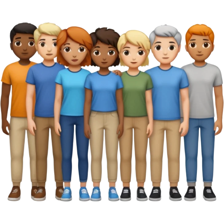 14 personagens de diferentes tons de pele e estilos de cabelo, vestindo roupas casuais em diferentes cores, todos agrupados lado a lado emoji