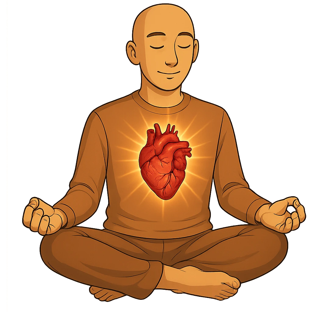 Person is meditating and his heart is glowing and shining, general style, with a real organ heart form emoji