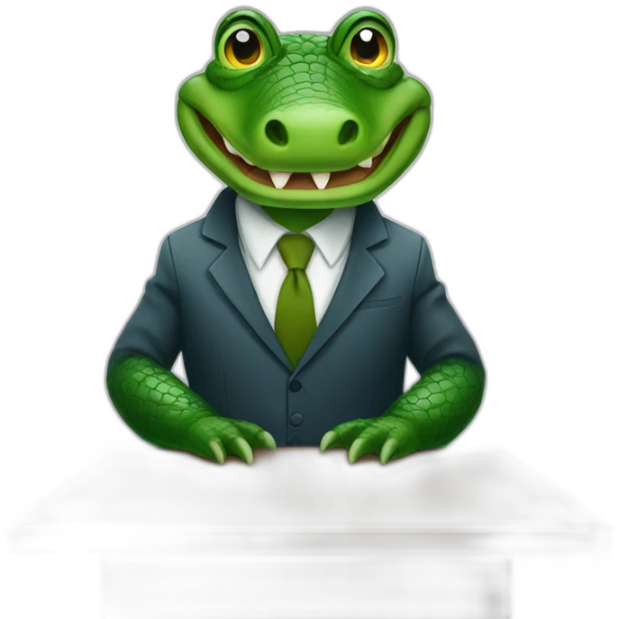An alligator wearing a suit sitting on a table looking straight emoji