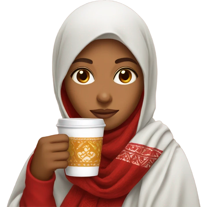 Girl wearing kashmiri shawl red and drinking coffee emoji