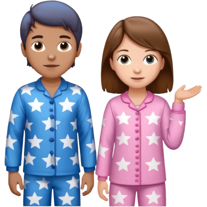 Brown haired boy with blue pajamas with stars on them and a brown haired girl with pink pajamas, and stars on them emoji